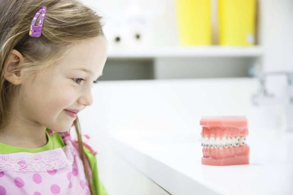 Young girls looks on smiling at teeth model with braces